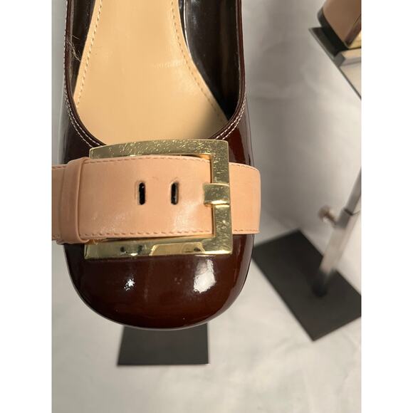 Franco Sarto Chocolate Brown Patent Block Heels w/ Nude Buckle Accent 8.5 - Picture 2 of 5